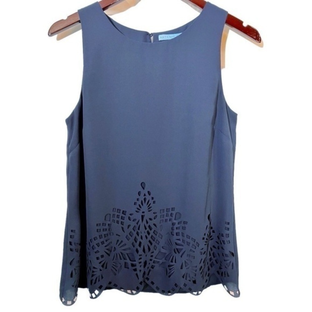 Antonio Melani | Navy Blue Laser Cut Sleeveless Blouse